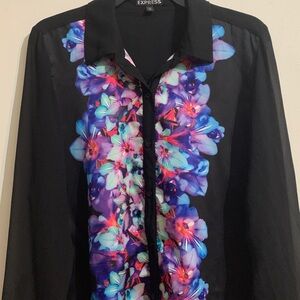 Express Women's Black Button-Down with Floral Print